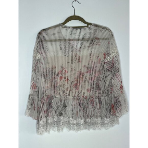 Elie Tahari 100% SIlk Floral Pattern Lace Details Bell‎ Sleeve Shamra Blouse L - Picture 9 of 10
